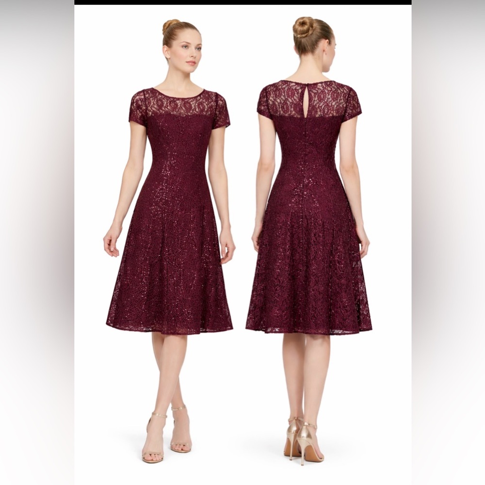 SLNY Dress 16 Fig Purple Plum Sequin Lace Short Sleeve Wedding Party Cruise NEW